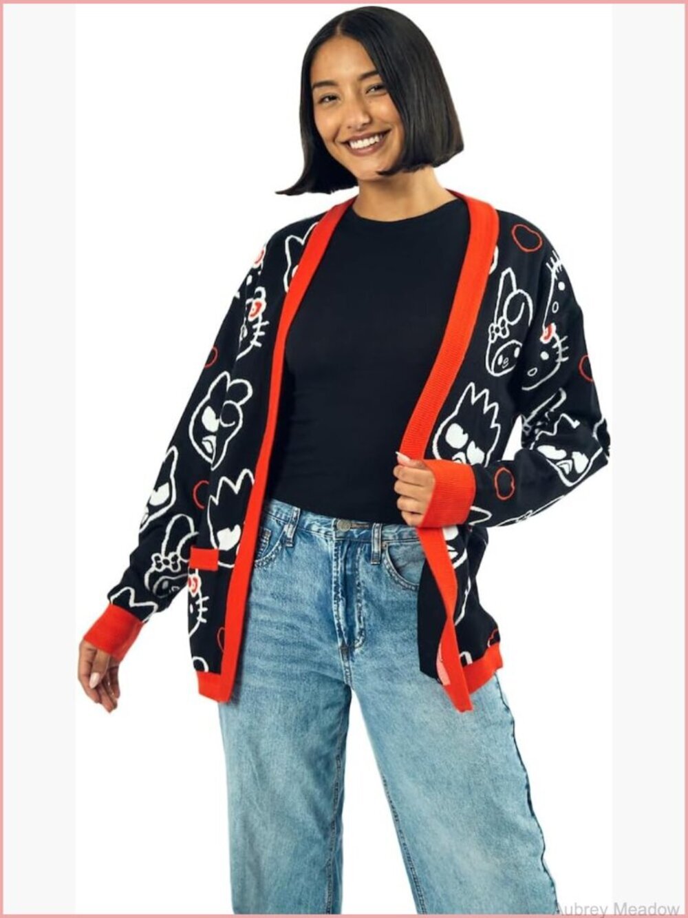 Women's Long Sleeve Grandma Cardigan with Pockets, Cute Character Face Outlines